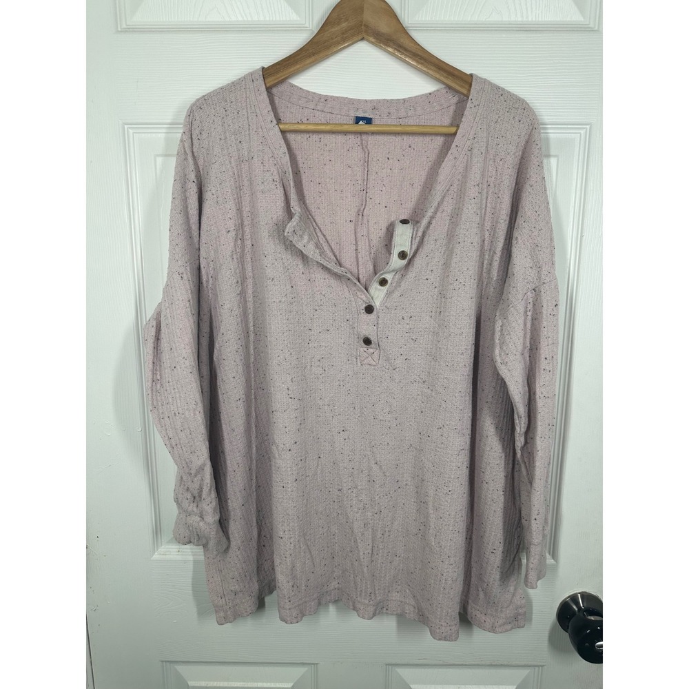 Old Navy Henley Womens XXL Pink Waffle Knit Speckled Neps Long Sleeve Top V-Neck
